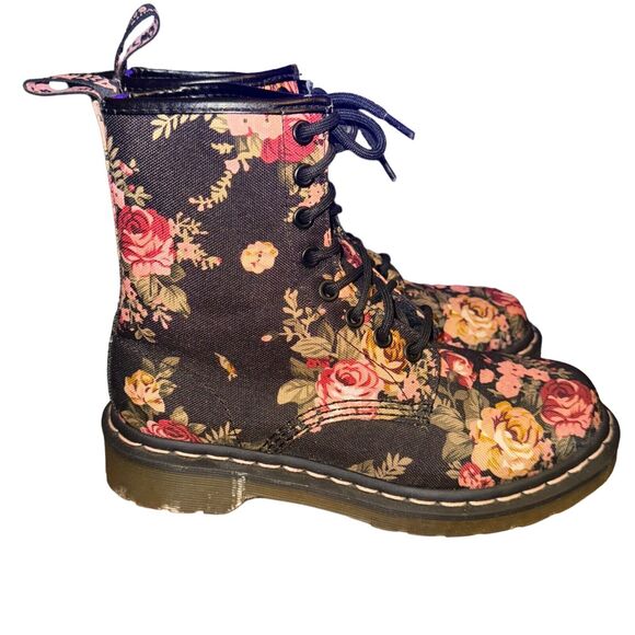 Dr Martens Lace Up Boot Women's 6 Black Pink Canvas Victorian Floral Doc 8 Eye - Picture 3 of 6